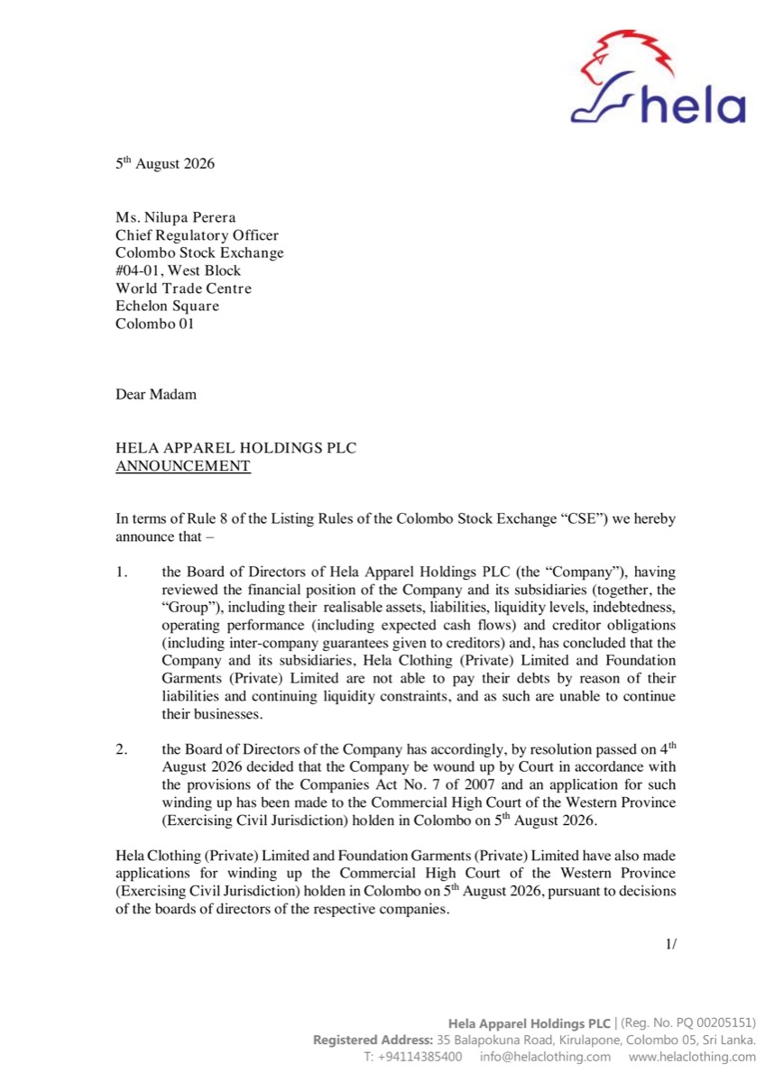 Hela Apparel Holdings PLC — Colombo Stock Exchange winding-up announcement letter